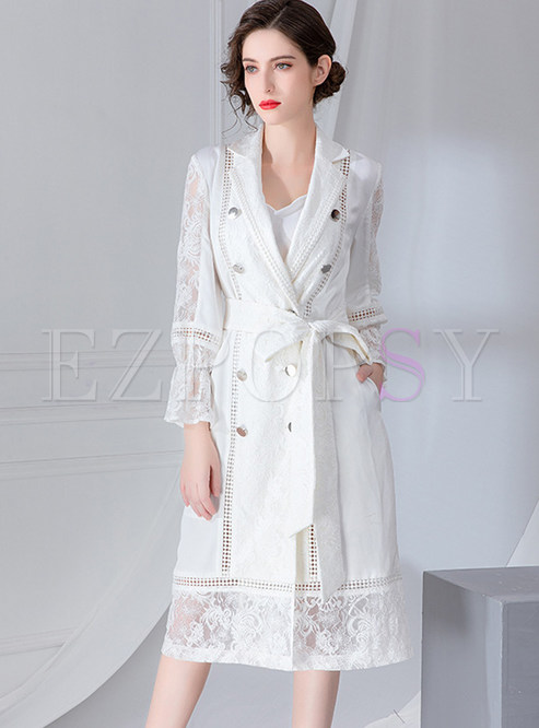 White Lapel Lace Patchwork Double-breasted Trench Coat