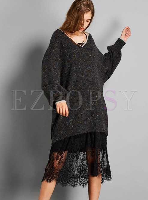 V-neck Lantern Sleeve Patchwork Lace Pullover Sweater