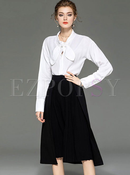 White Bowknot Blouse & A Line Skirt