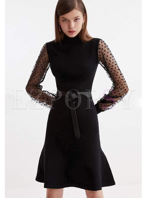 Black Turtleneck Perspective A Line Dress Without Belt