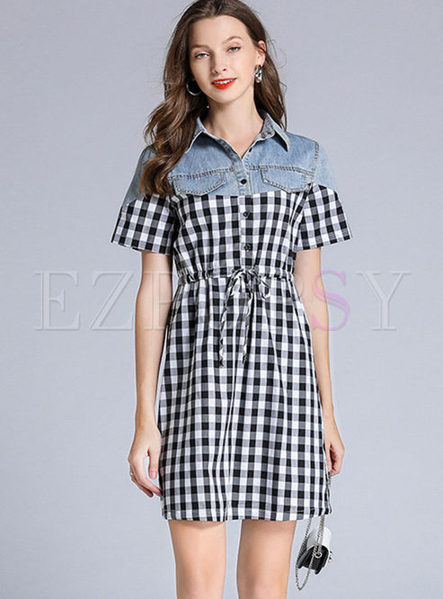 Short Sleeve Plaid Drawcord Mini Dress