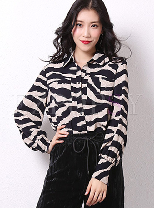 Turn Down Collar Print Single-breasted Loose Blouse