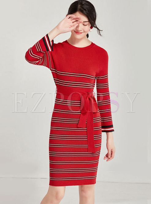 O-neck Long Sleeve Striped Bodycon Dress
