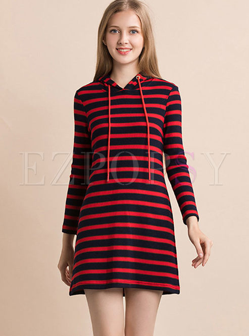 Casual Hooded Striped Mini Knit Dress