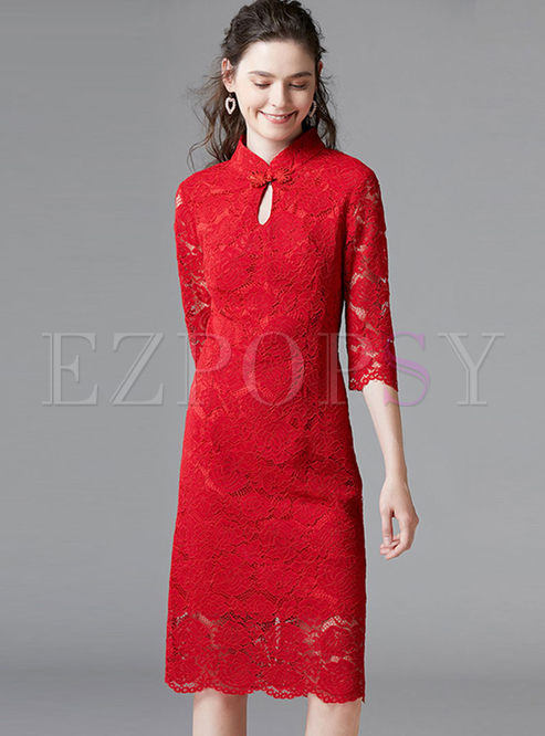 Mandarin Collar 3/4 Sleeve Lace Slim Dress