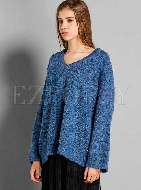 Casual Blue V-neck Batwing Sleeve Loose Sweater
