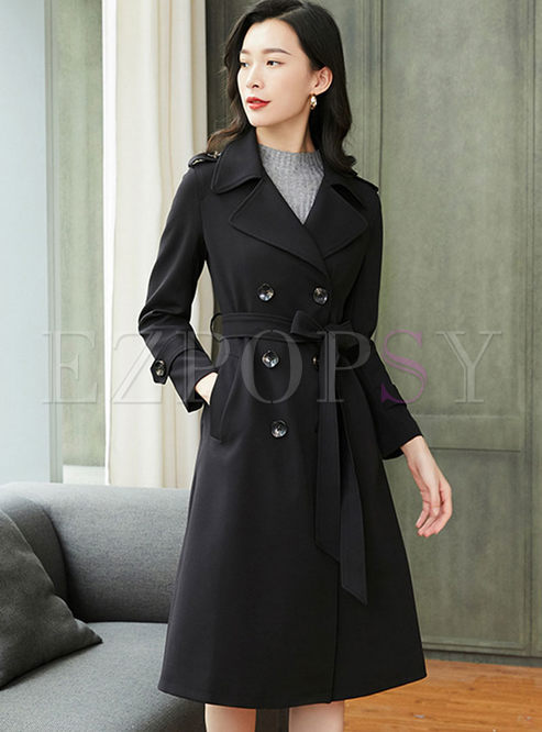 Black Notched Collar Double-breasted Trench Coat