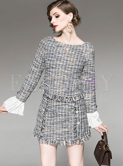 O-neck Flare Sleeve Patchwork Two Piece Outfits