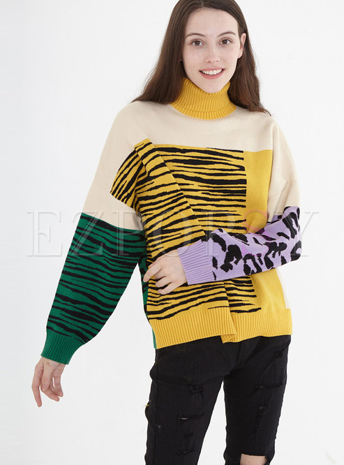 High Collar Color-blocked Long Pullover Sweater