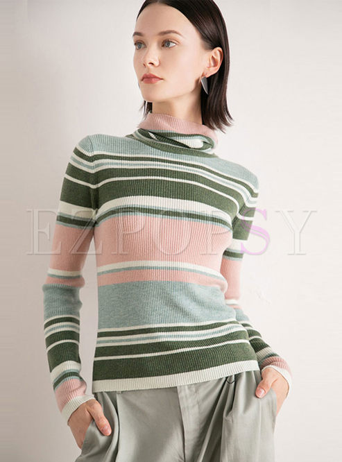 Turtleneck Long Sleeve Slim Striped Sweater