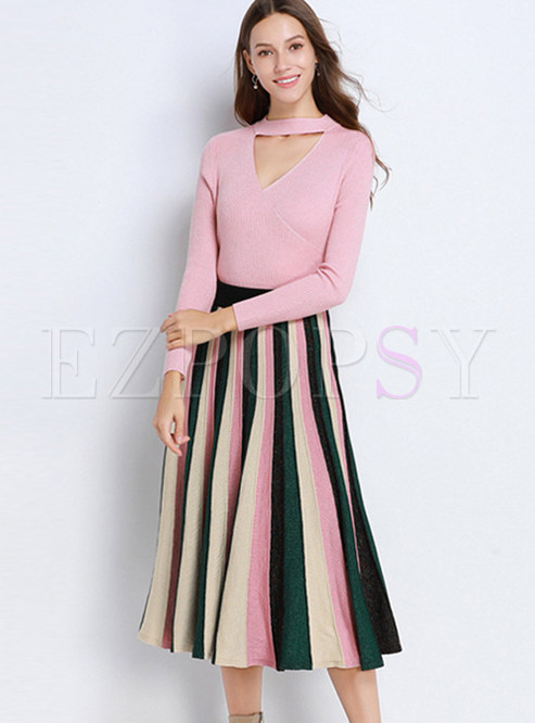 Halter Collar Irregular Top & Striped Color-blocked Skirt 