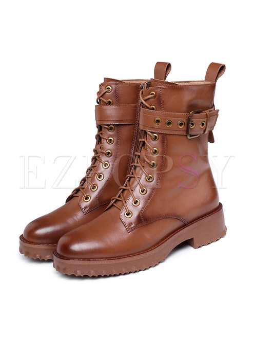 Retro Brown Zipper Bandage Square Heel Boots