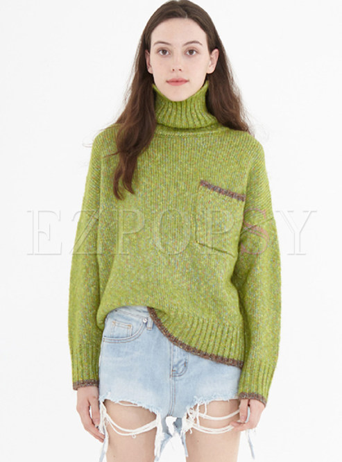 High Collar Patchwork Pocket Thick Sweater