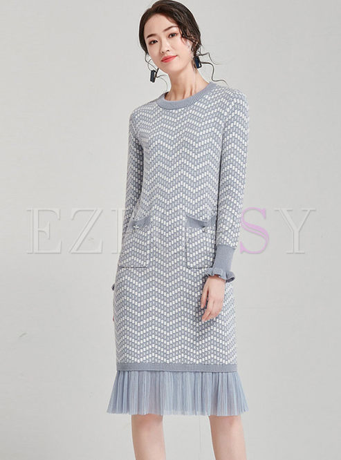 O-neck Long Sleeve Wave Stripe Sweater Dress