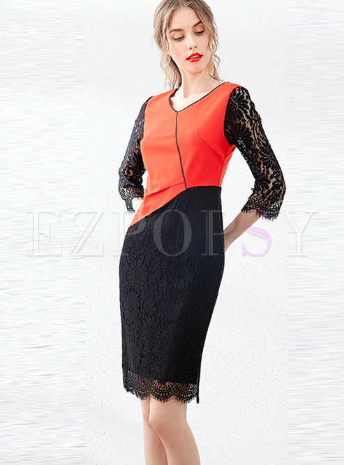V-neck Patchwork Color-blocked Lace Bodycon Dress