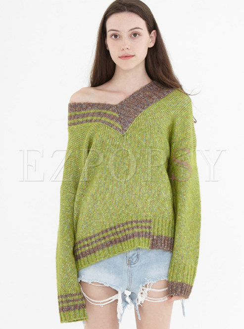 Casual V-neck Color-blocked Loose Sweater 