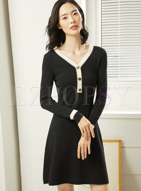 Brief Color-blocked A Line Sweater Dress 