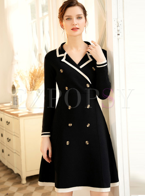 Notched Double-breasted High Waisted Sweater Dress 