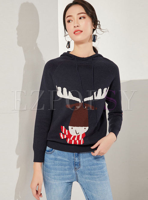 Hooded Cartoon Print Pullover Sweater
