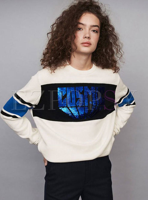 O-neck Letter Sequin Pullover Sweater