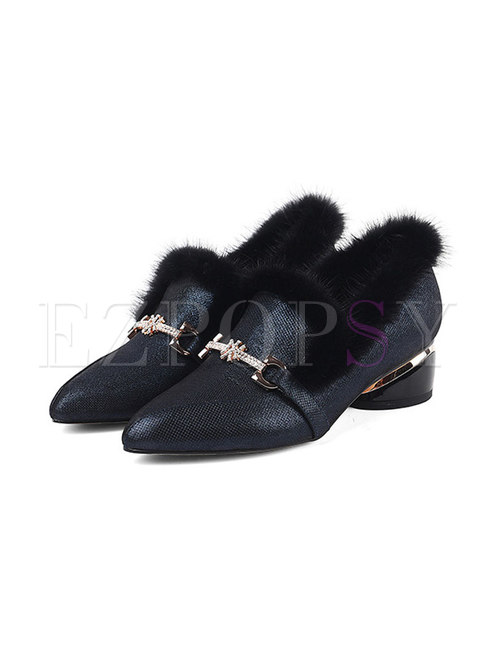 Pointed Head Buckle Square Heel Fur Shoes