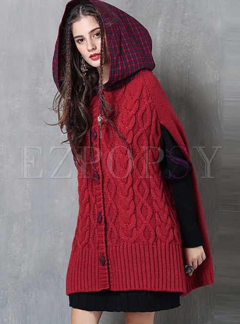 Tops | Sweaters | Hooded Plaid Patchwork Loose Cloak Cardigan