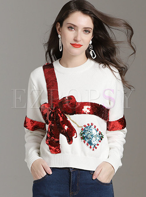 Sequin Color-blocked Embroidered Pullover Sweater