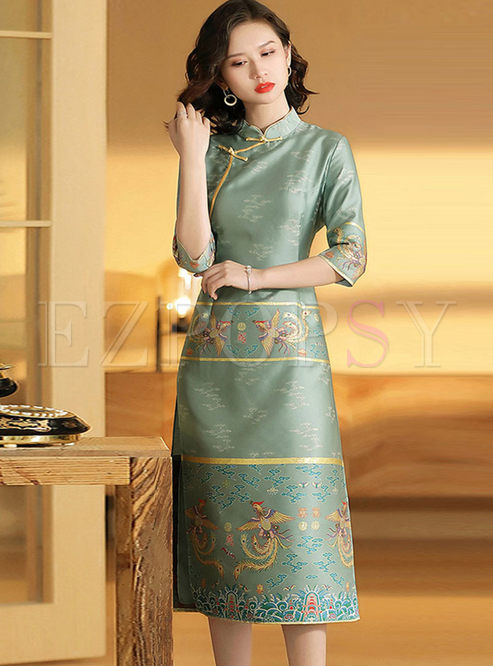 Mandarin Collar 3/4 Sleeve Bodycon Dress