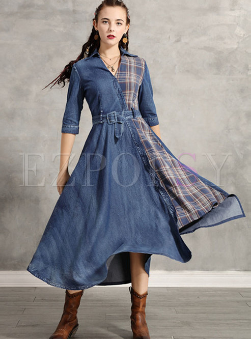 Dresses | Maxi Dresses | Irregular Waist Plaid Patchwork Denim Maxi Dress