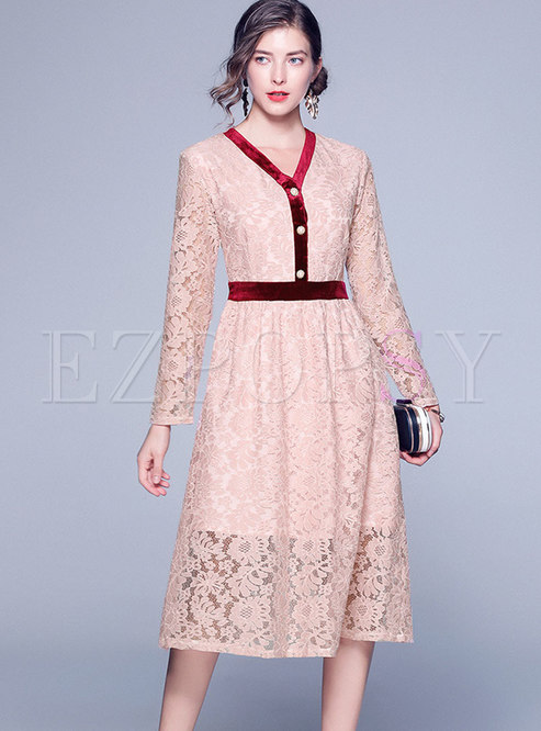 Lace Openwork Color-blocked A Line Dress