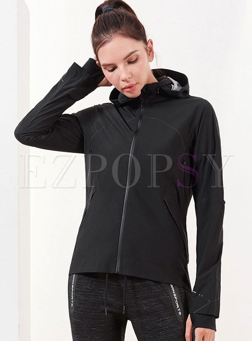 Black Long Sleeve Hooded Sport Jacket