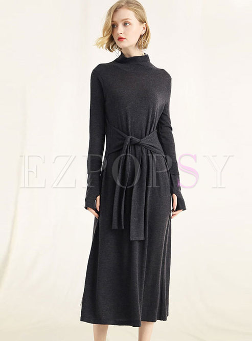 Black Long Sleeve Waist Sweater Dress