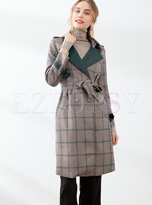 Lapel Plaid Trench Coat With Belt
