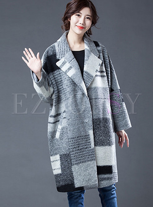 Lapel Color-blocked Plaid Thick Overcoat