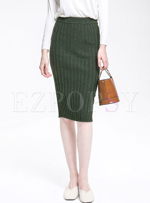 Solid Color High Waisted Slit Knitted Skirt