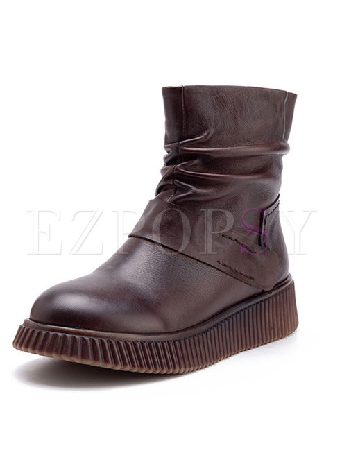 Round Head Platform Leather Short Boots