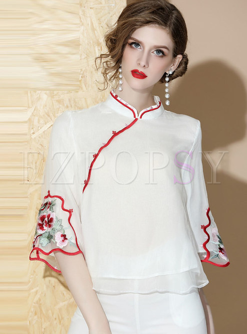 Stand Collar Flare Sleeve Embroidered Blouse 