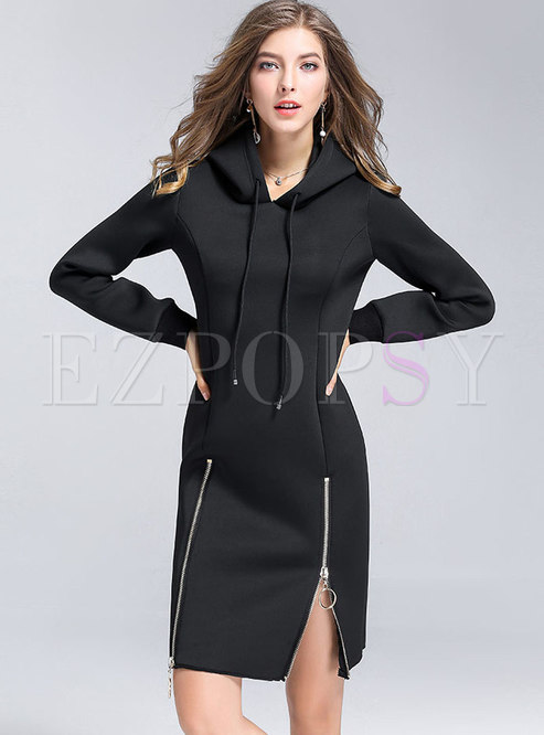 Dresses | Bodycon Dresses | Casual Embroidered Hooded Zipper Bodycon Dress