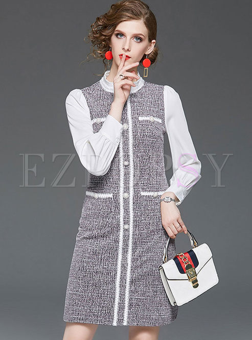 Elegant Standing Collar Tweed Bodycon Dress