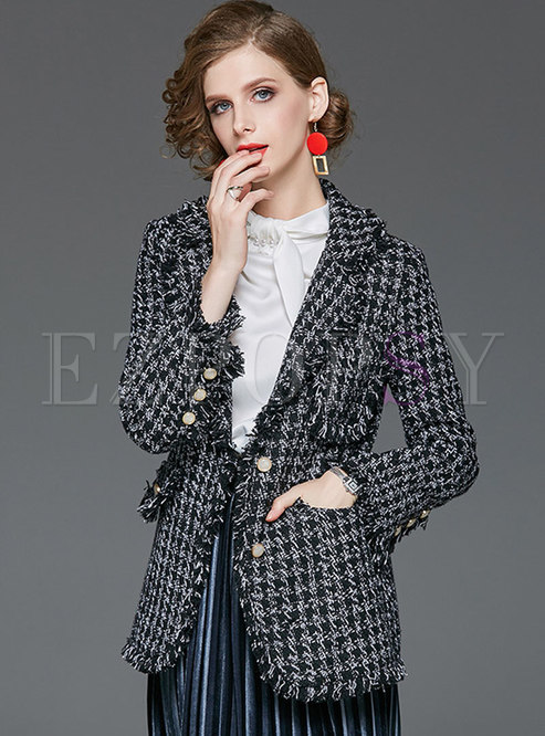 Fashion Notched Tweed Blazer Coat