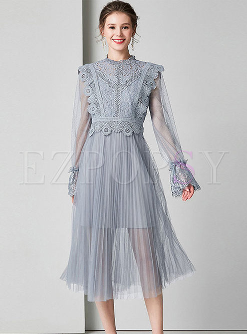 Standing Collar Lace Openwork A Line Dress