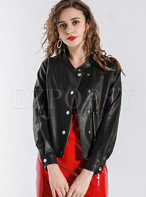 Solid Color Stand Collar Short Bomber Jacket