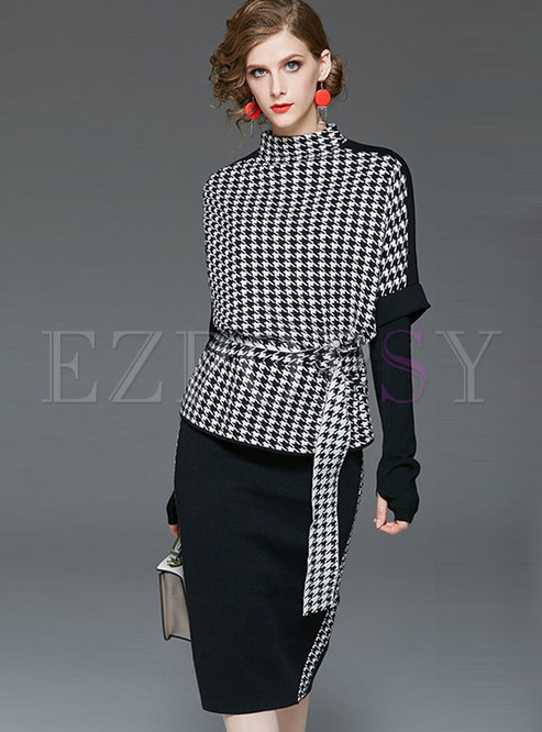 Houndstooth Knit Hip Two Piece Dress