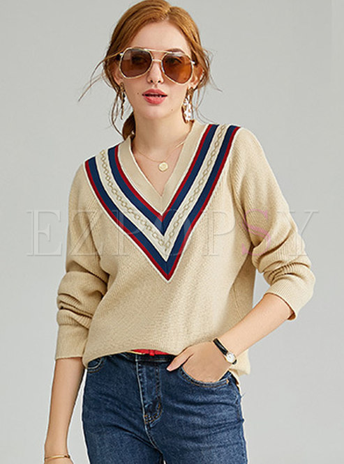 Tops | Sweaters | V-neck Color-blocked Loose Pullover Sweater