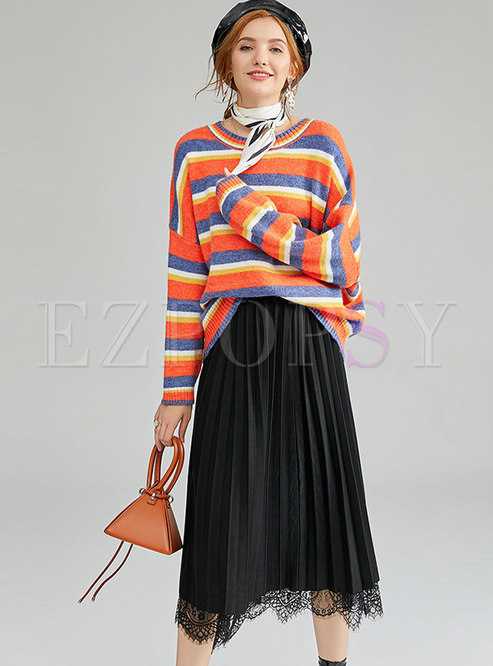 Muti-color Loose Sweater & Lace Pleated A Line Skirt