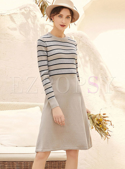 Casual Stripe Patchwork Knitted A Line Dress