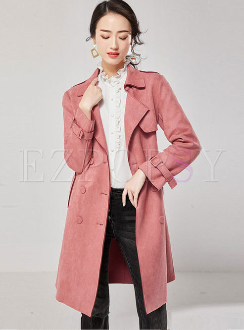 Pink Lapel Long Sleeve Waist Trench Coat