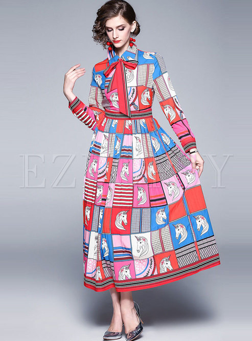 Lapel Plaid Print Maxi Dress 