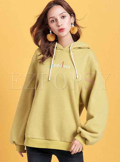 Letter Embroidered Hooded Straight Sweatshirt
