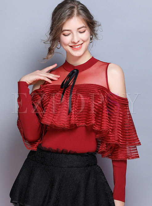 Off Shoulder Falbala Bowknot Patchwork Perspective Sweater